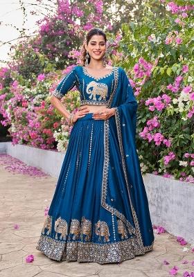 Teal Zari Work Silk Blend Lehenga Set