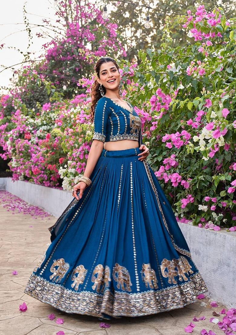 Teal Zari Work Silk Blend Lehenga Set - Indya