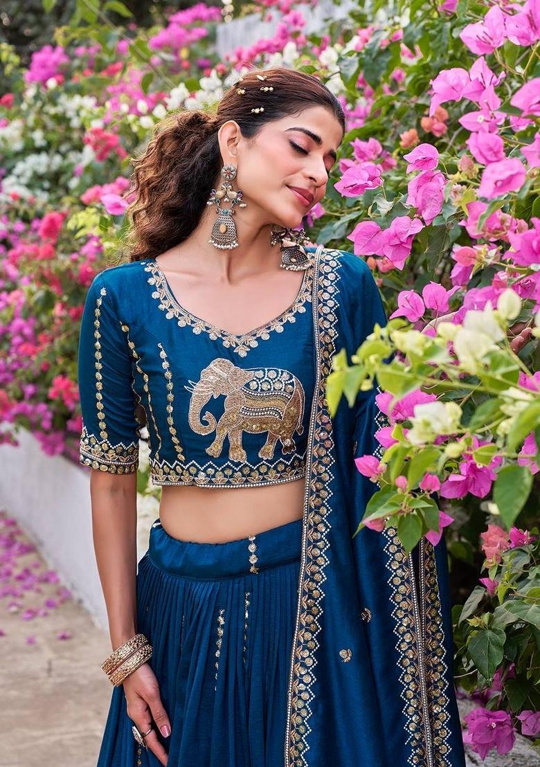 Teal Zari Work Silk Blend Lehenga Set - Indya