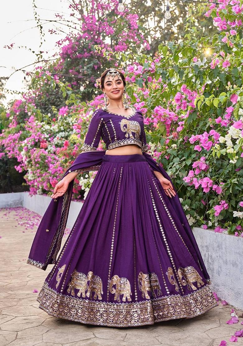 Purple Zari Work Silk Blend Lehenga Set - Indya