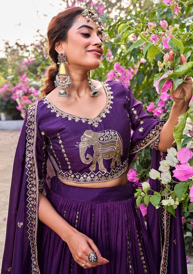 Purple Zari Work Silk Blend Lehenga Set - Indya