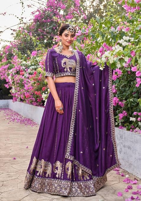 Purple Zari Work Silk Blend Lehenga Set