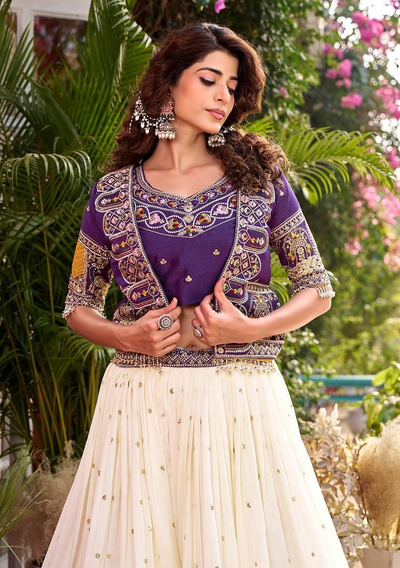 Purple Zari Work Silk Blend Lehenga Set - Indya