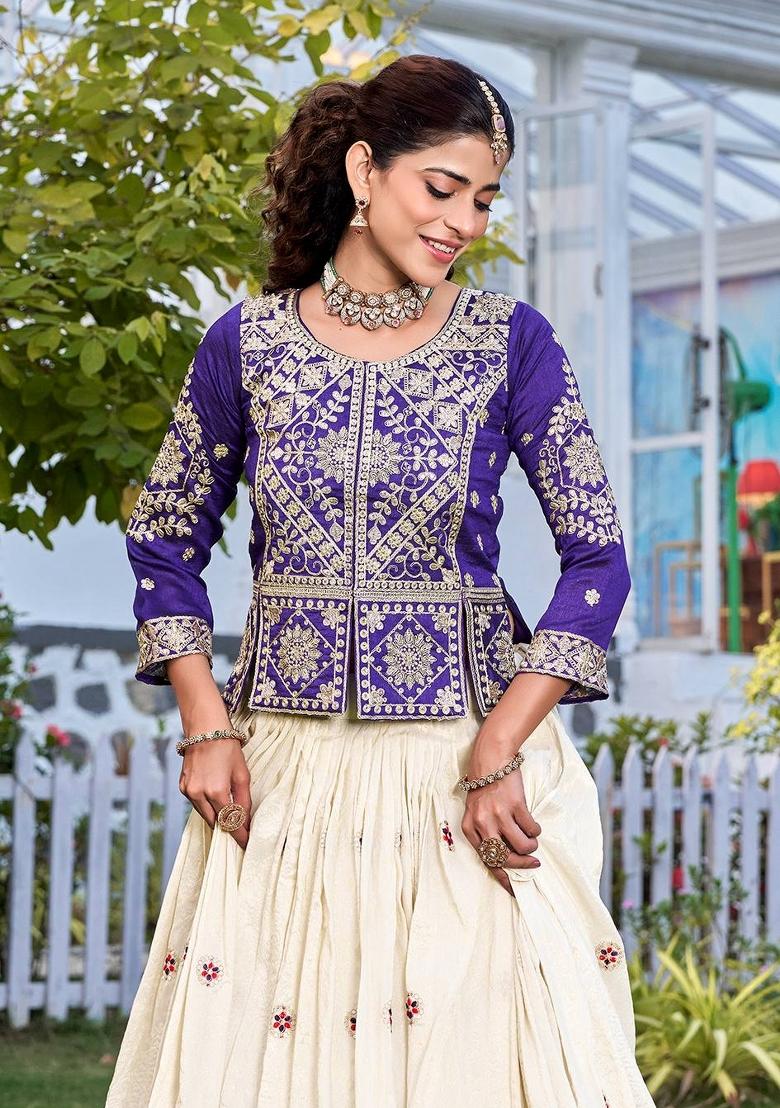 Purple Zari Work Silk Blend Lehenga Set - Indya