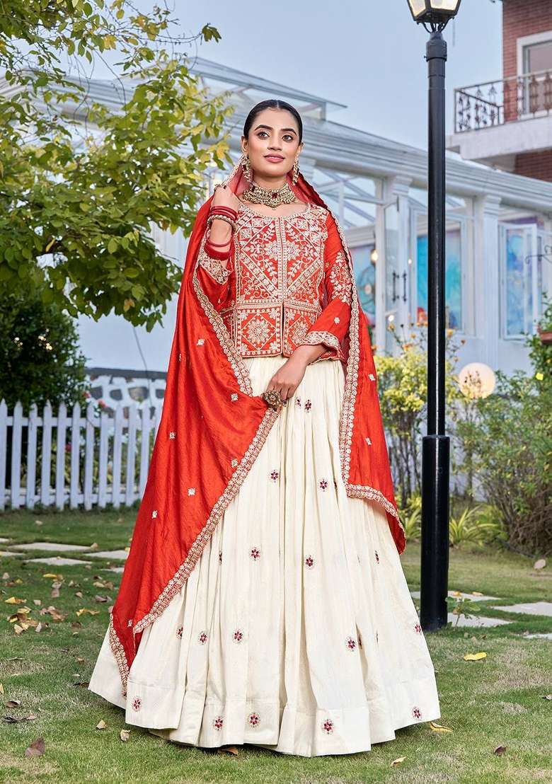 Orange Zari Work Silk Blend Lehenga Set for Diwali and Festive Wear - Indya