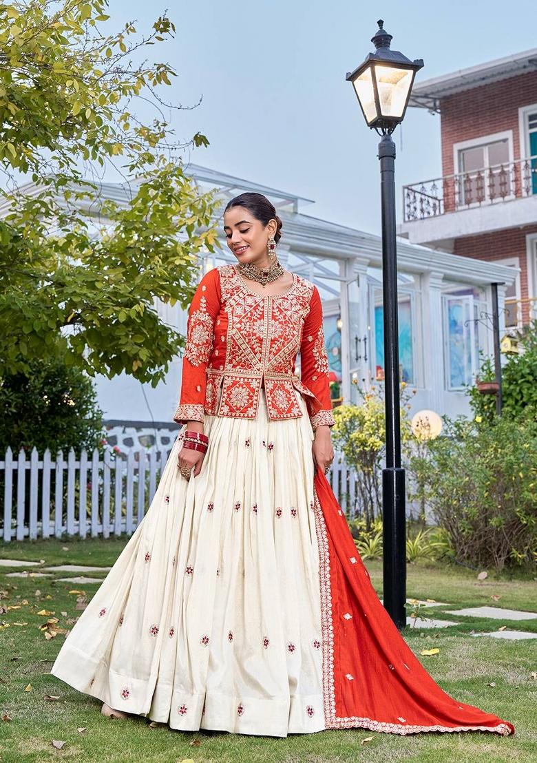 Orange Zari Work Silk Blend Lehenga Set - Indya