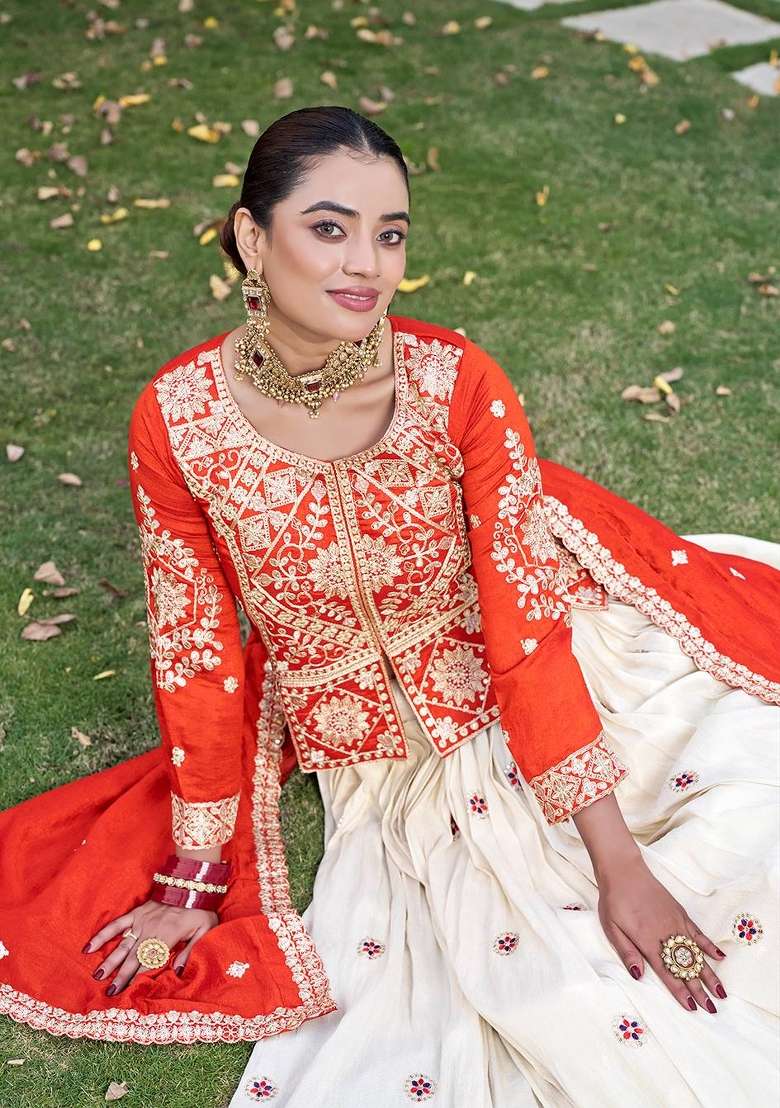 Orange Zari Work Silk Blend Lehenga Set for Diwali and Festive Wear - Indya