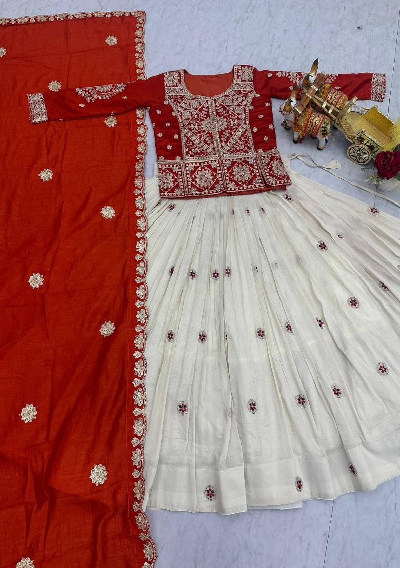 Orange Zari Work Silk Blend Lehenga Set - Indya