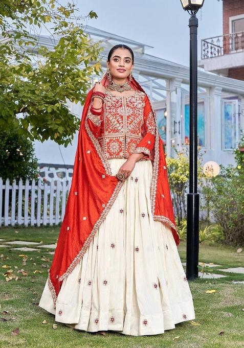 Orange Zari Work Silk Blend Lehenga Set