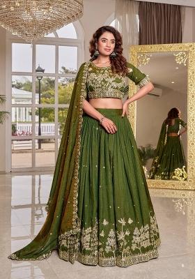 Green Zari Work Silk Blend Lehenga Set