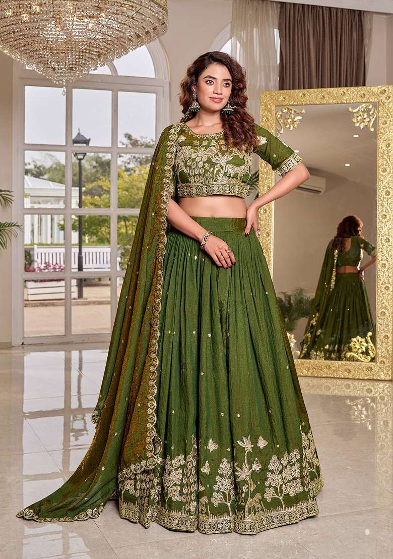 Green Zari Work Silk Blend Lehenga Set for Diwali and Festive Wear - Indya