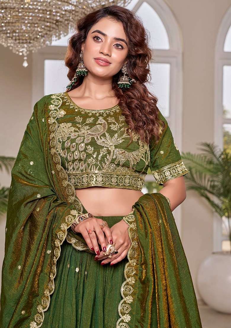 Green Zari Work Silk Blend Lehenga Set for Diwali and Festive Wear - Indya
