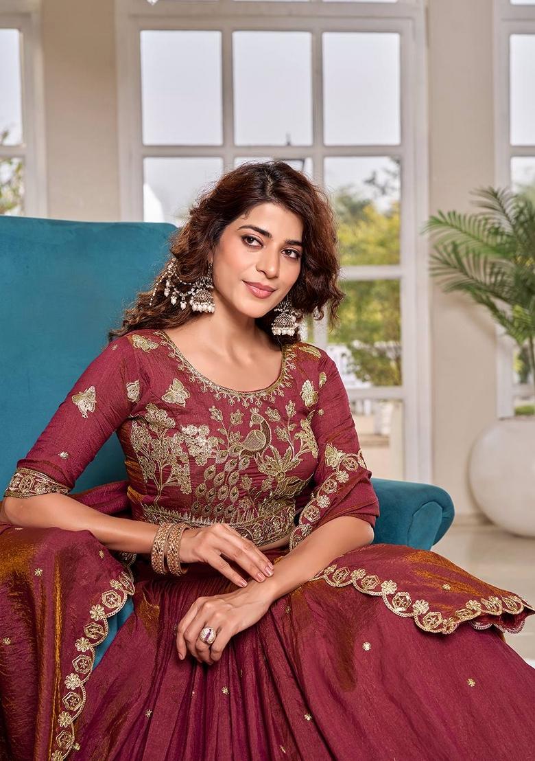 Pink Zari Work Silk Blend Lehenga Set - Indya