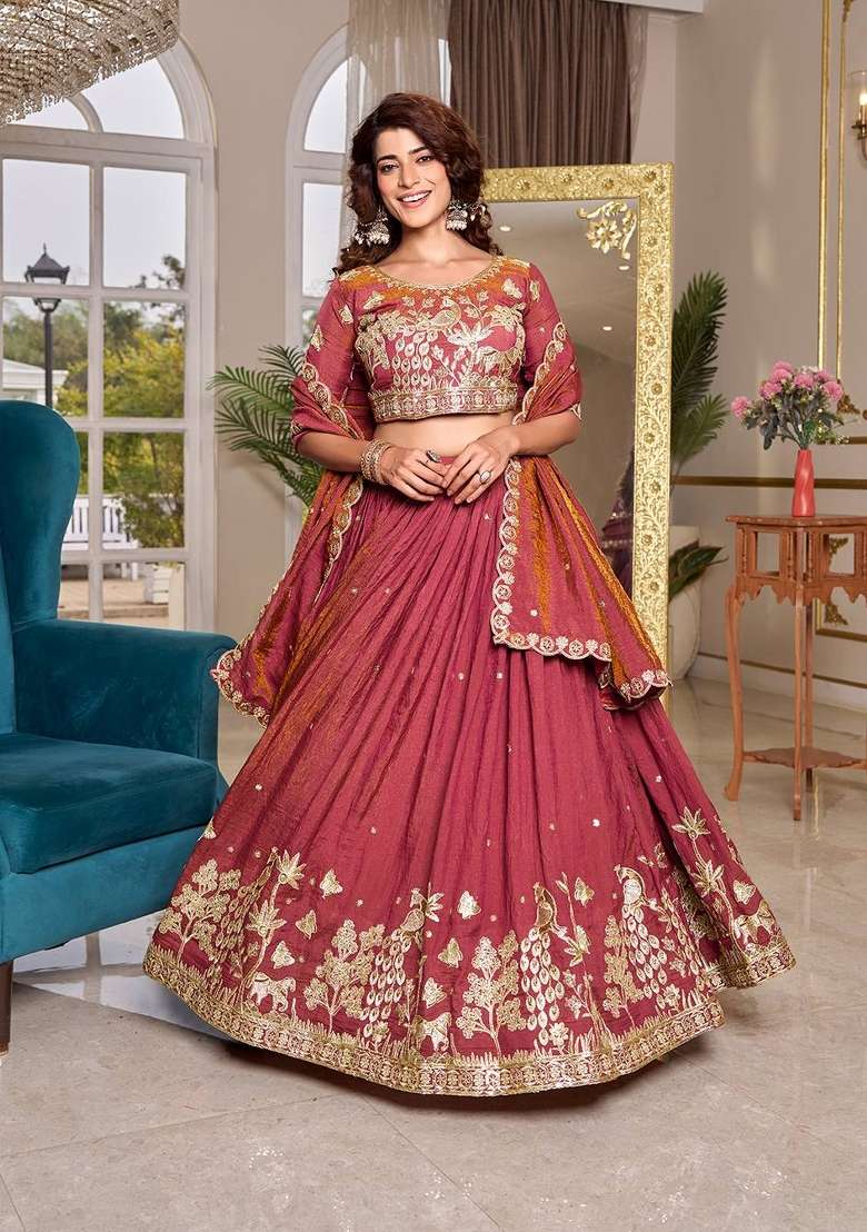 Pink Zari Work Silk Blend Lehenga Set for Diwali and Festive Wear - Indya