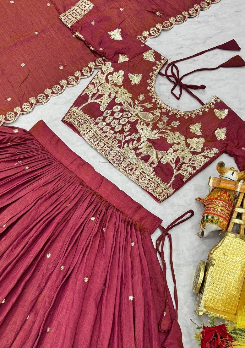 Pink Zari Work Silk Blend Lehenga Set - Indya