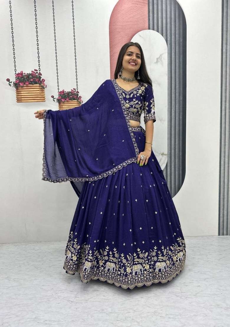 Royal Blue Silk Blend Lehenga Set with Zari Work for Diwali | Wedding & Festive Wear - Indya
