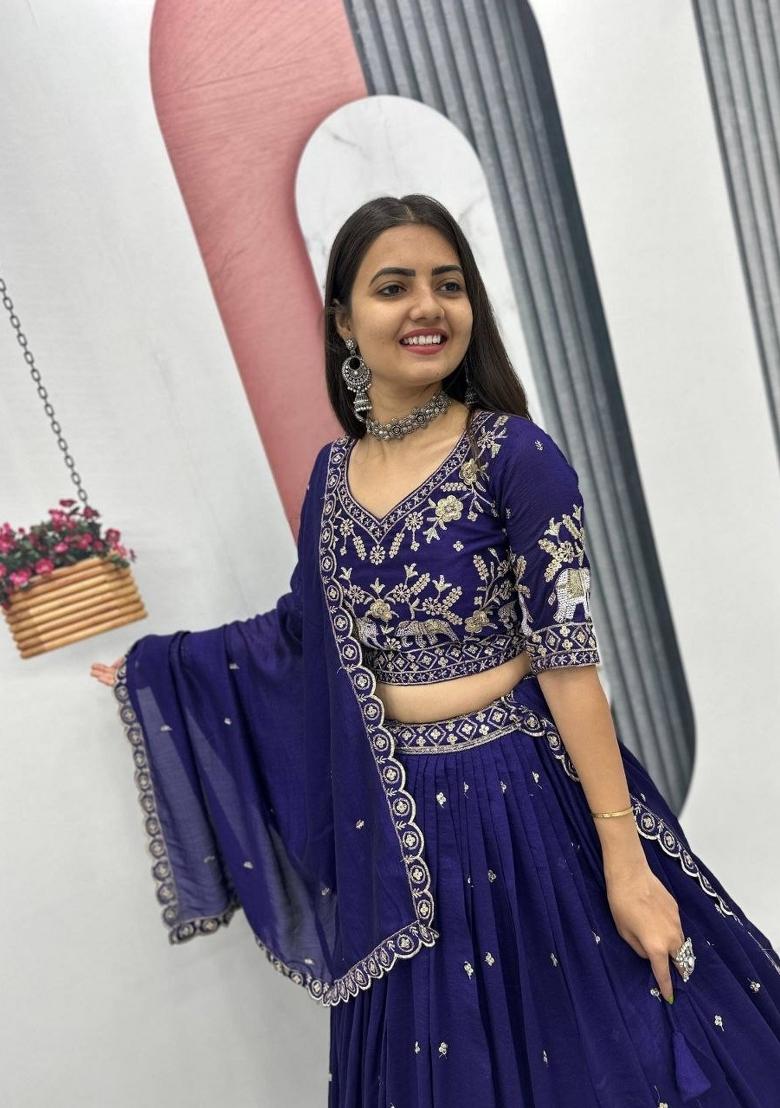 Royal Blue Zari Work Silk Blend Lehenga Set - Indya