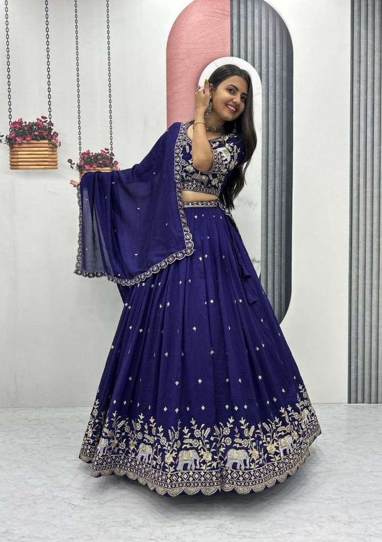Royal Blue Silk Blend Lehenga Set with Zari Work for Diwali | Wedding & Festive Wear - Indya