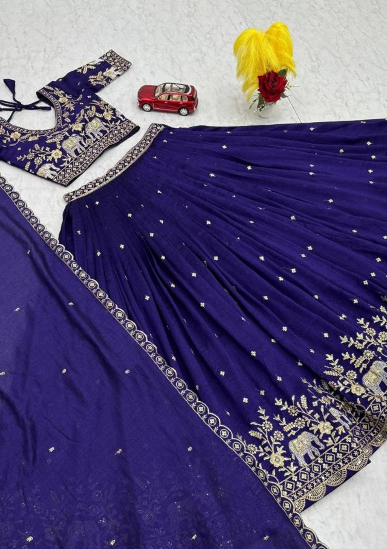 Royal Blue Zari Work Silk Blend Lehenga Set - Indya