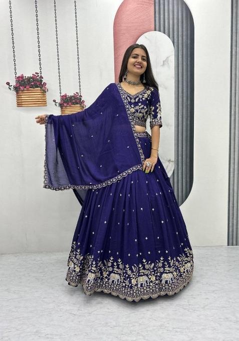 Royal Blue Zari Work Silk Blend Lehenga Set