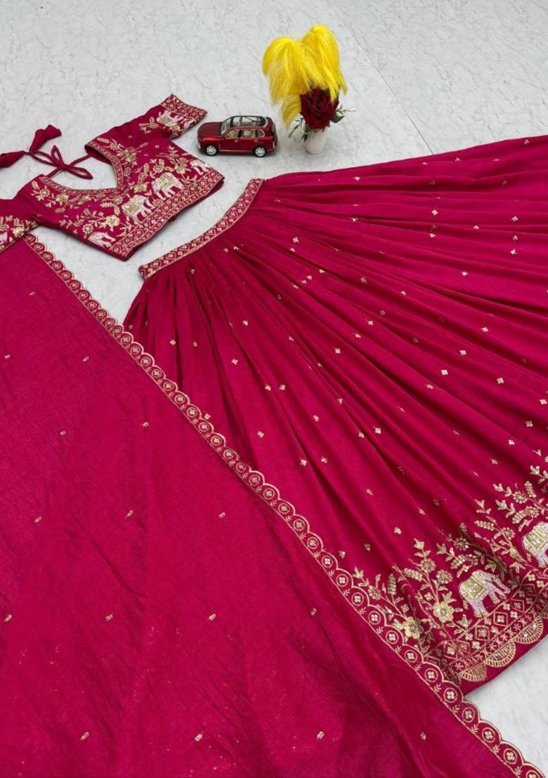 Pink Zari Work Silk Blend Lehenga Set - Indya