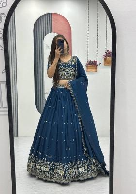 Teal Zari Work Silk Blend Lehenga Set