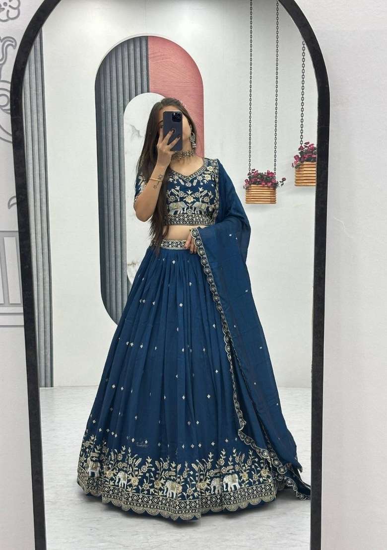Teal Zari Work Silk Blend Lehenga Set for Diwali and Festive Wear - Indya