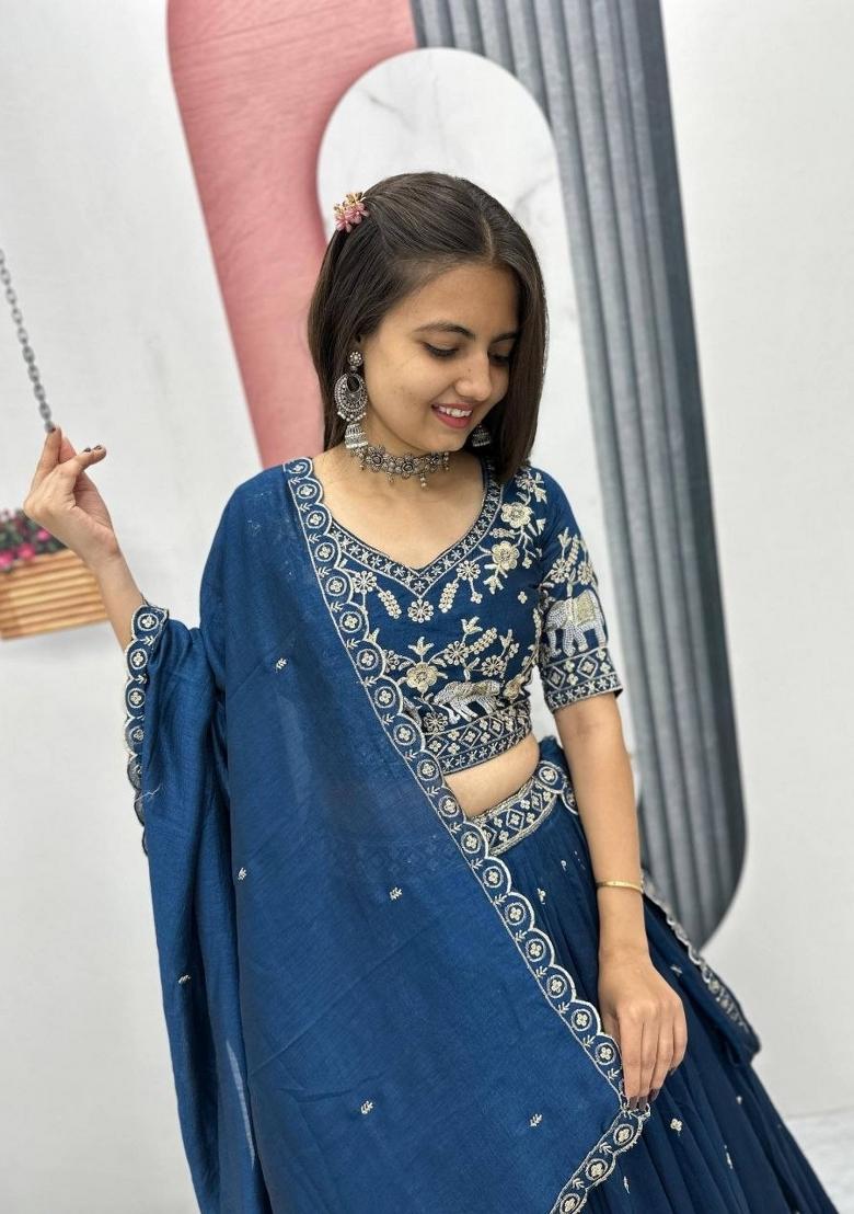 Teal Zari Work Silk Blend Lehenga Set - Indya