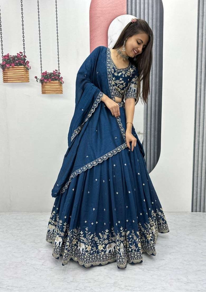 Teal Zari Work Silk Blend Lehenga Set for Diwali and Festive Wear - Indya