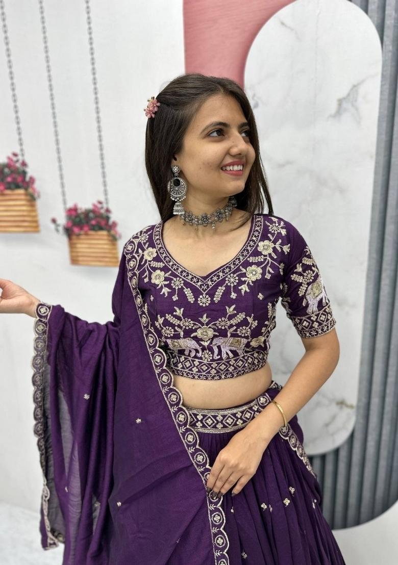 Purple Zari Work Silk Blend Lehenga Set - Indya