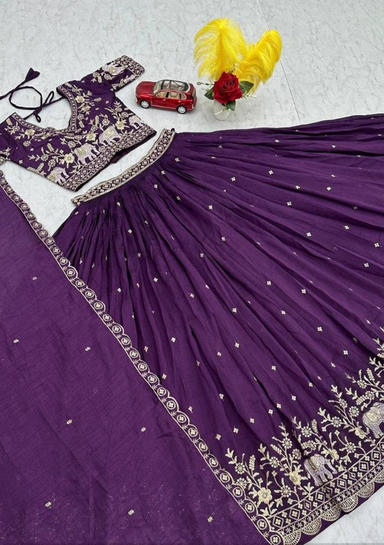 Purple Zari Work Silk Blend Lehenga Set - Indya