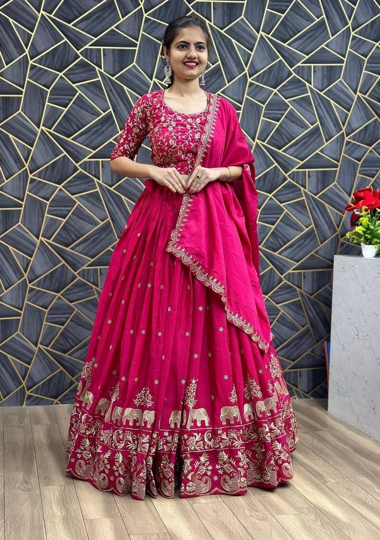 Pink Zari Work Silk Blend Lehenga Set - Indya