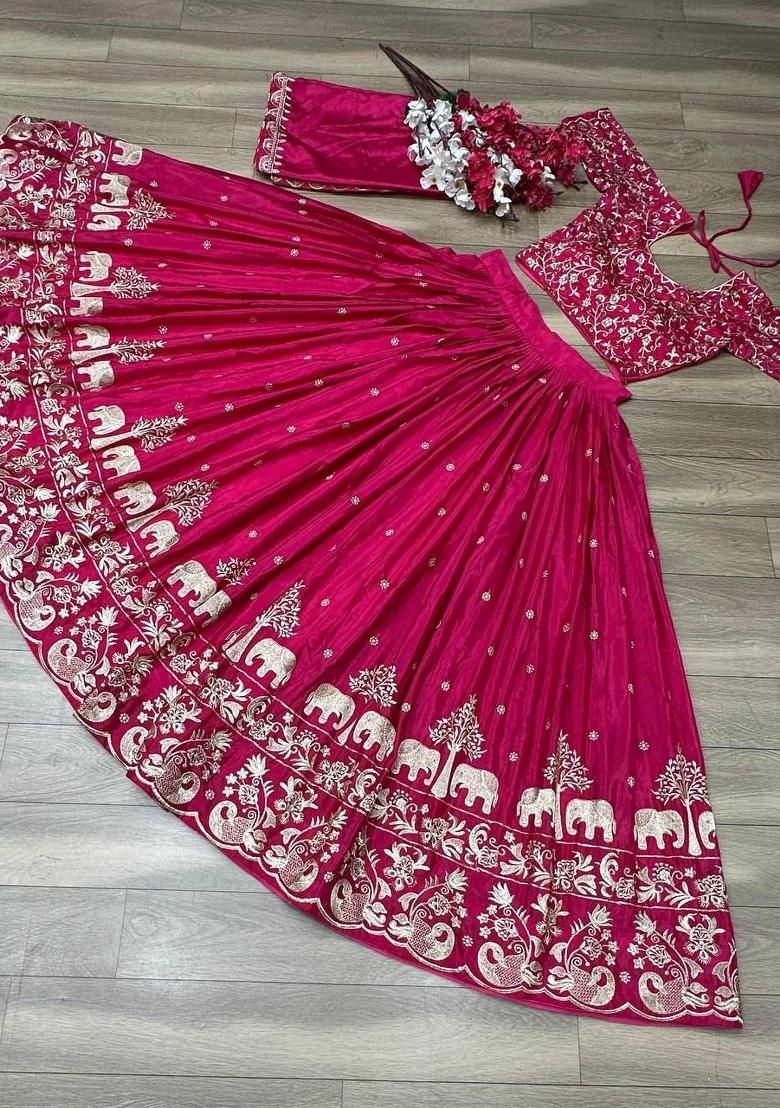 Pink Zari Work Silk Blend Lehenga Set - Indya