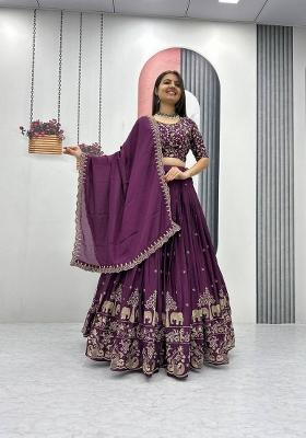 Wine Zari Work Silk Blend Lehenga Set