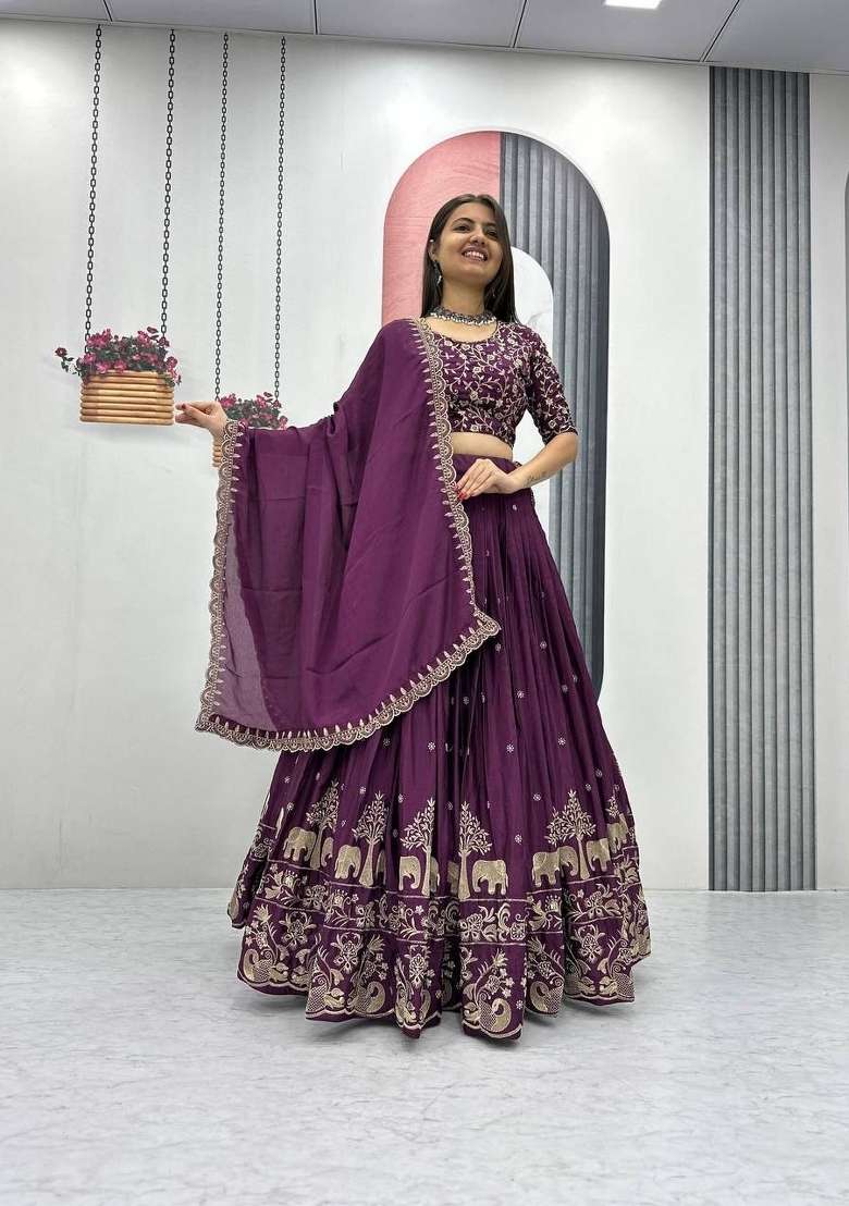Wine Zari Work Silk Blend Lehenga Set for Diwali and Festive Wear - Indya