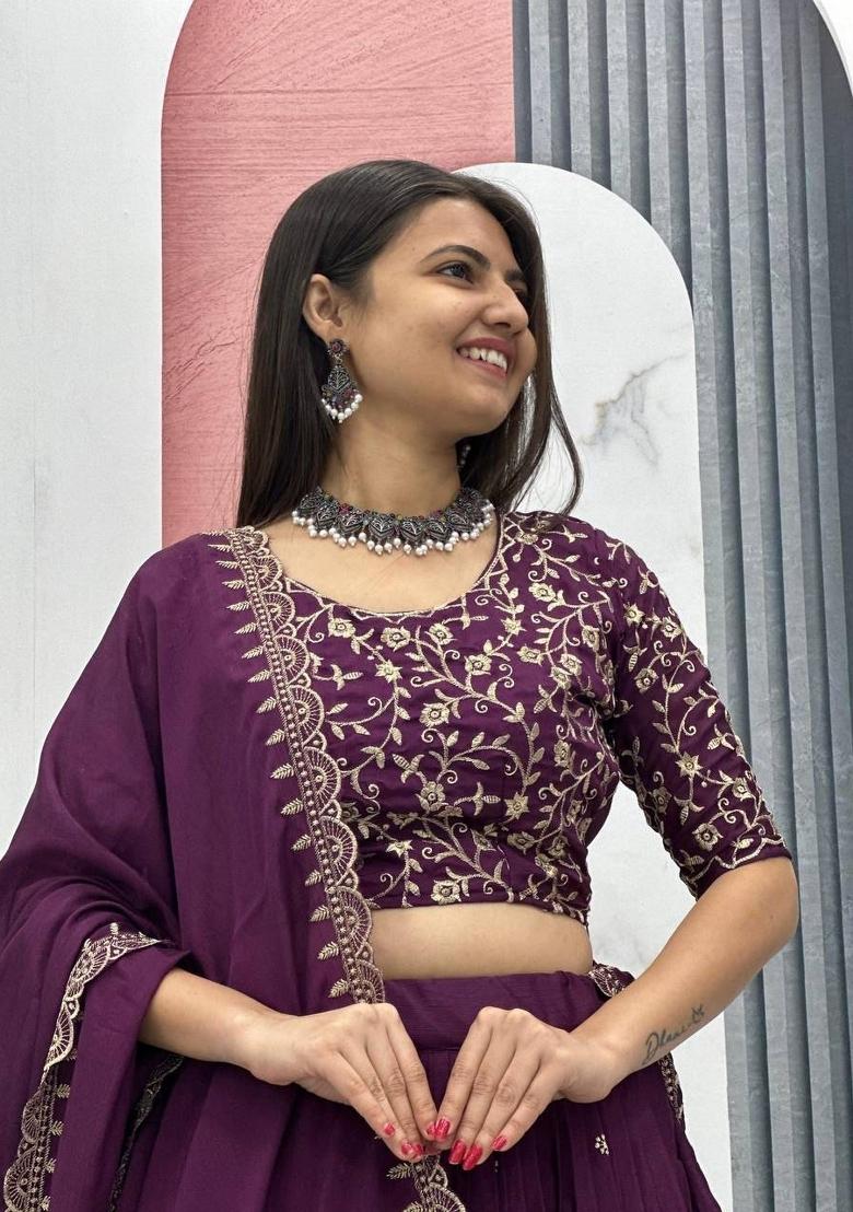 Wine Zari Work Silk Blend Lehenga Set - Indya