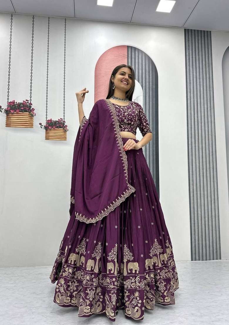 Wine Zari Work Silk Blend Lehenga Set for Diwali and Festive Wear - Indya