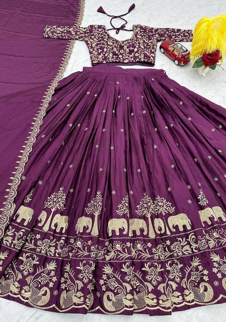 Wine Zari Work Silk Blend Lehenga Set - Indya