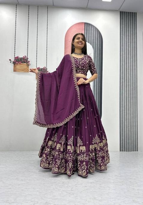 Wine Zari Work Silk Blend Lehenga Set