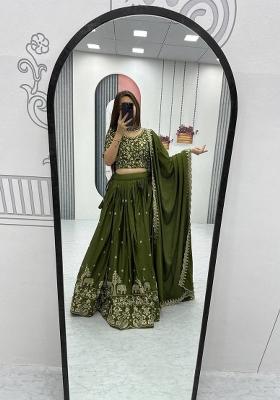 Green Zari Work Silk Blend Lehenga Set