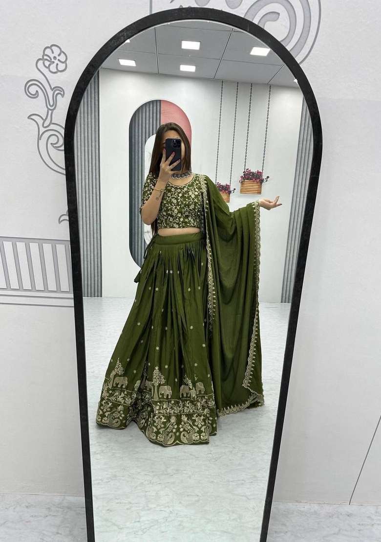 Green Silk Blend Lehenga Set with Zari Work for Diwali | Wedding & Festive Wear - Indya