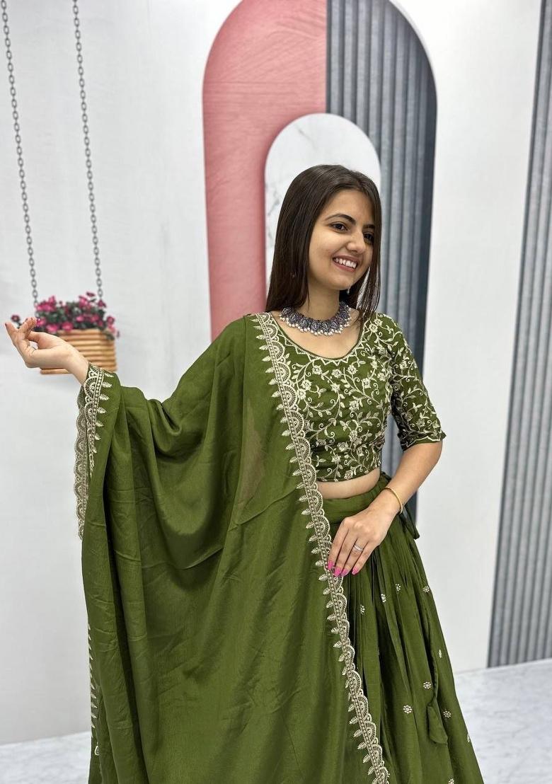 Green Zari Work Silk Blend Lehenga Set - Indya