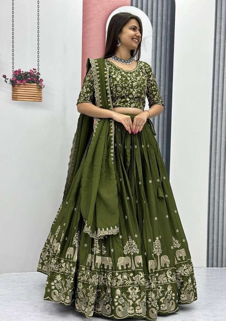 Green Silk Blend Lehenga Set with Zari Work for Diwali | Wedding & Festive Wear - Indya