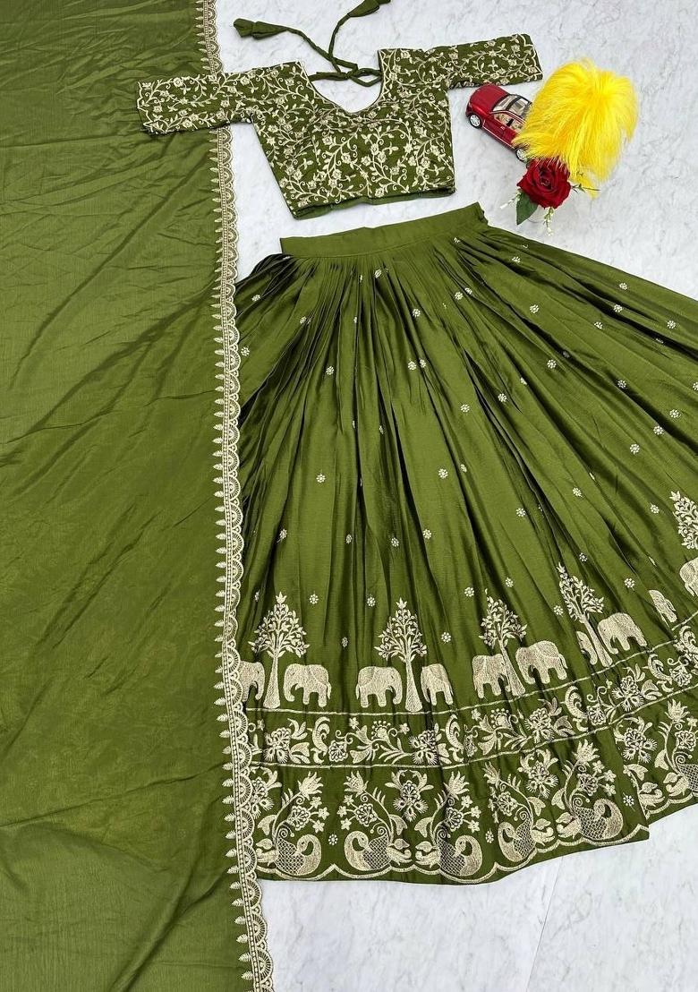 Green Zari Work Silk Blend Lehenga Set - Indya