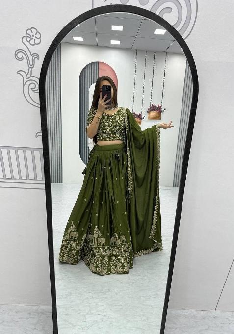 Green Zari Work Silk Blend Lehenga Set