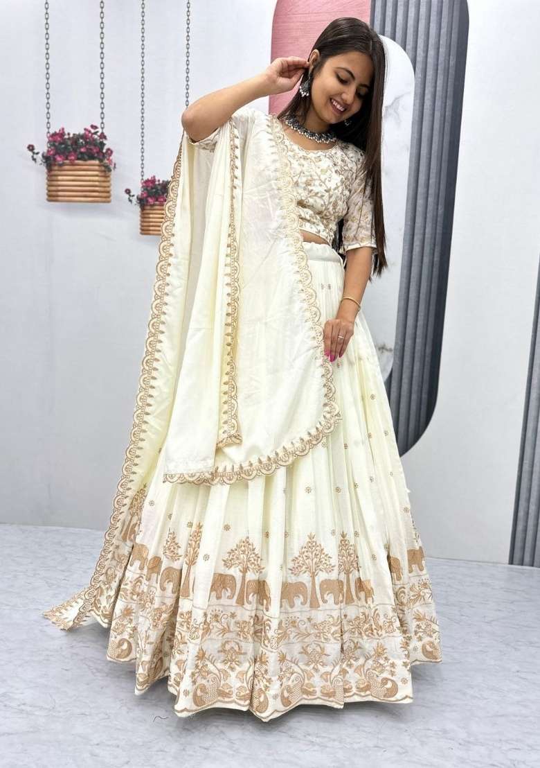 Off White Silk Blend Lehenga Set with Zari Work for Diwali | Wedding & Festive Wear - Indya