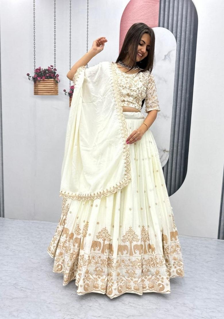 Off White Zari Work Silk Blend Lehenga Set - Indya
