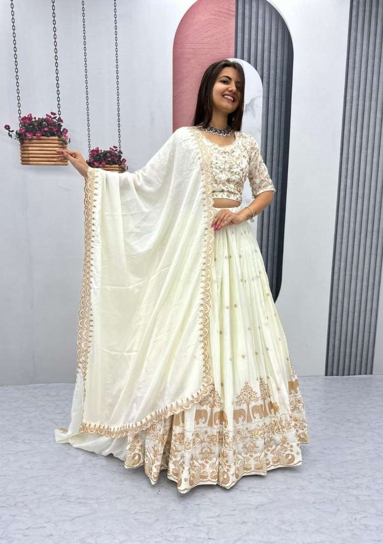 Off White Silk Blend Lehenga Set with Zari Work for Diwali | Wedding & Festive Wear - Indya