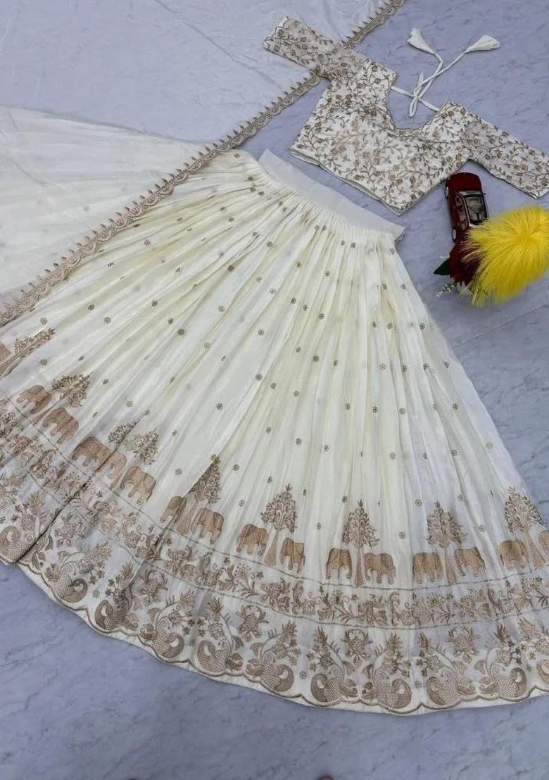 Off White Zari Work Silk Blend Lehenga Set - Indya
