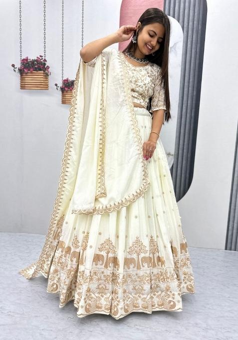 Off White Zari Work Silk Blend Lehenga Set